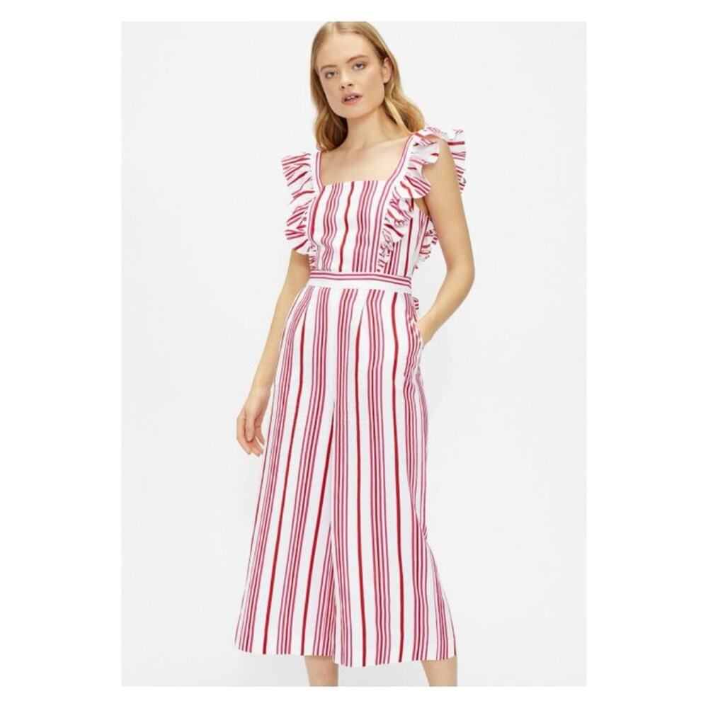 Ted Baker London Birdiee Red&White Ruffle Stripe Cropped Jumpsuit Sz.3(US 8/10)